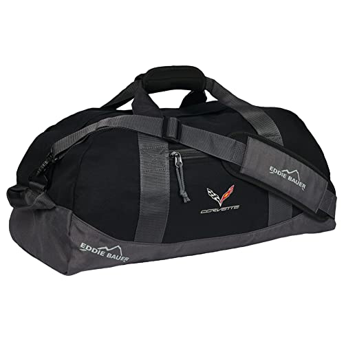 C7 Corvette Duffle Bag with Cross Flags Logo – Premium Travel Weekender Gym Carry-On Bag for Corvette Owners – Large Black Eddie Bauer Duffel with Adjustable Shoulder Strap