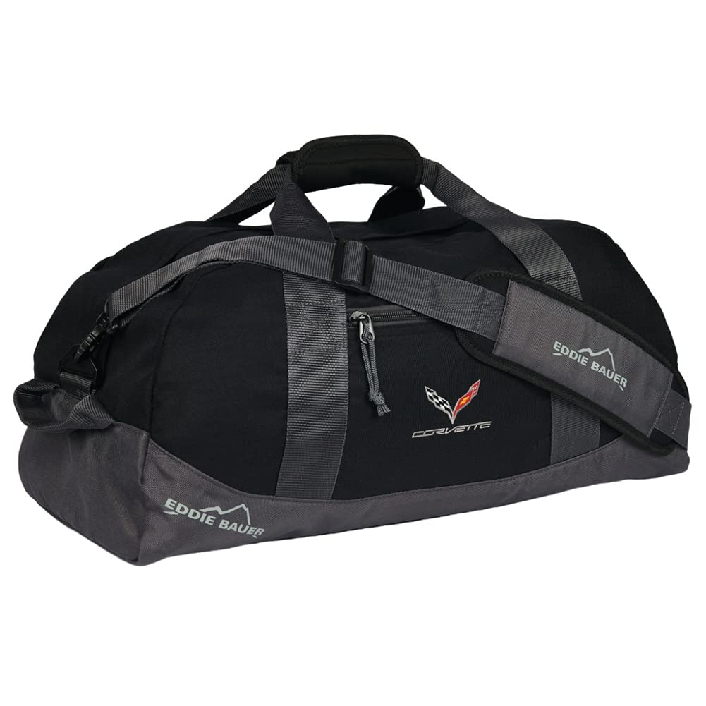 C7 Corvette Duffle Bag with Cross Flags Logo – Premium Travel Weekender Gym Carry-On Bag for Corvette Owners – Large Black Eddie Bauer Duffel with Adjustable Shoulder Strap