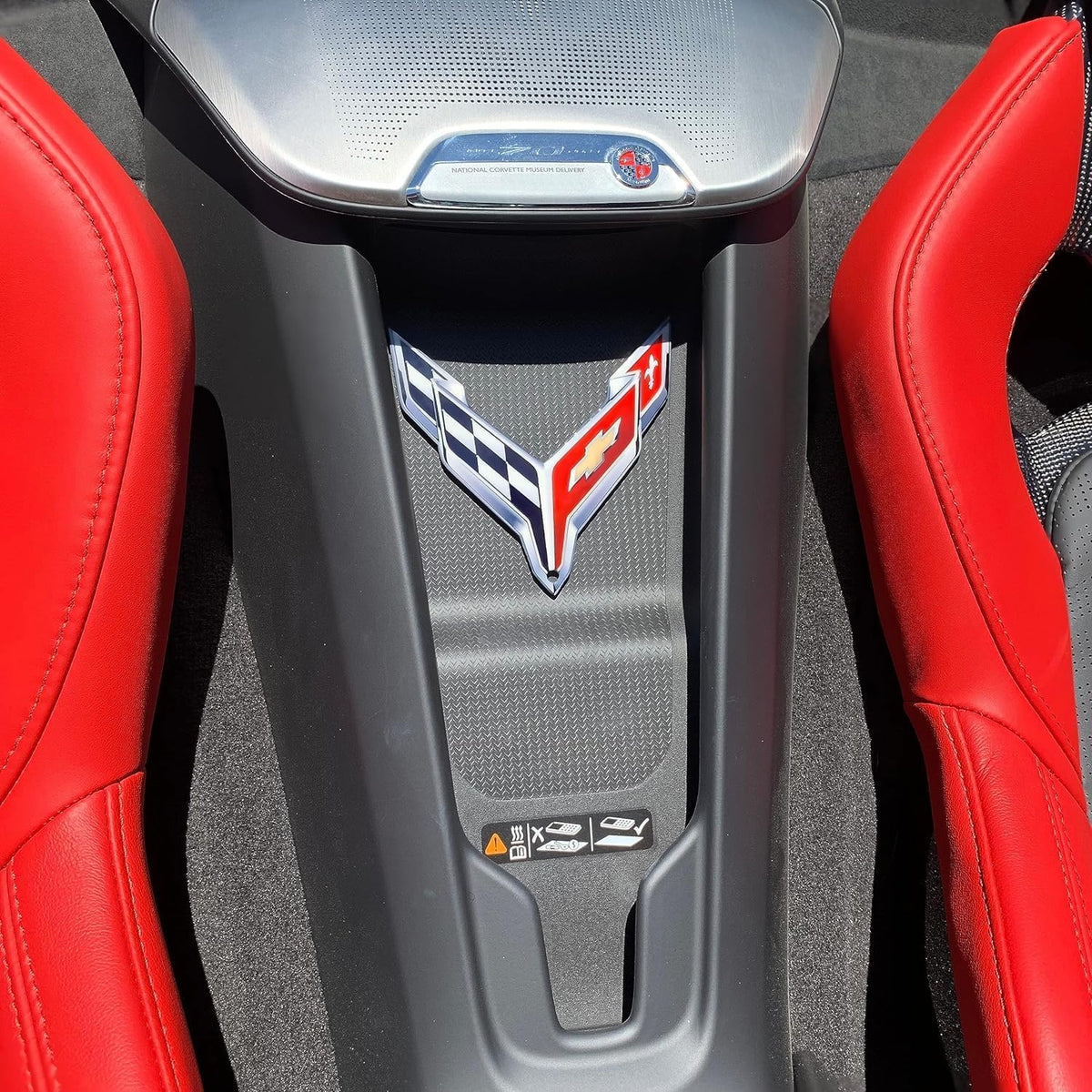 C8 Corvette Waterfall Wireless Phone Charging Bay Crossed Flag Emblem Decal - 4.5" x 4.5" Logo USA Made for 2020-2026 Corvettes (Chrome)