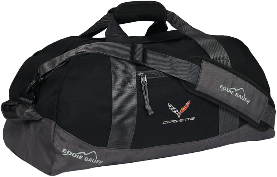 C7 Corvette Duffle Bag with Cross Flags Logo – Premium Travel Weekender Gym Carry-On Bag for Corvette Owners – Large Black Eddie Bauer Duffel with Adjustable Shoulder Strap